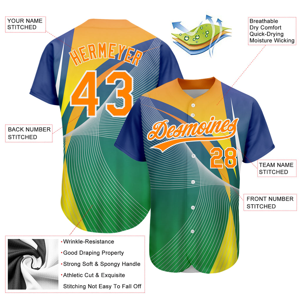 Custom Kelly Green Bay Orange-White 3D Pattern Design Abstract Sport Authentic Baseball Jersey