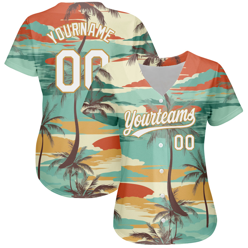 Custom Aqua White-Old Gold 3D Jersey with Cartoon Hawaii Palm Trees Design Authentic Baseball Jersey with Free Shipping3