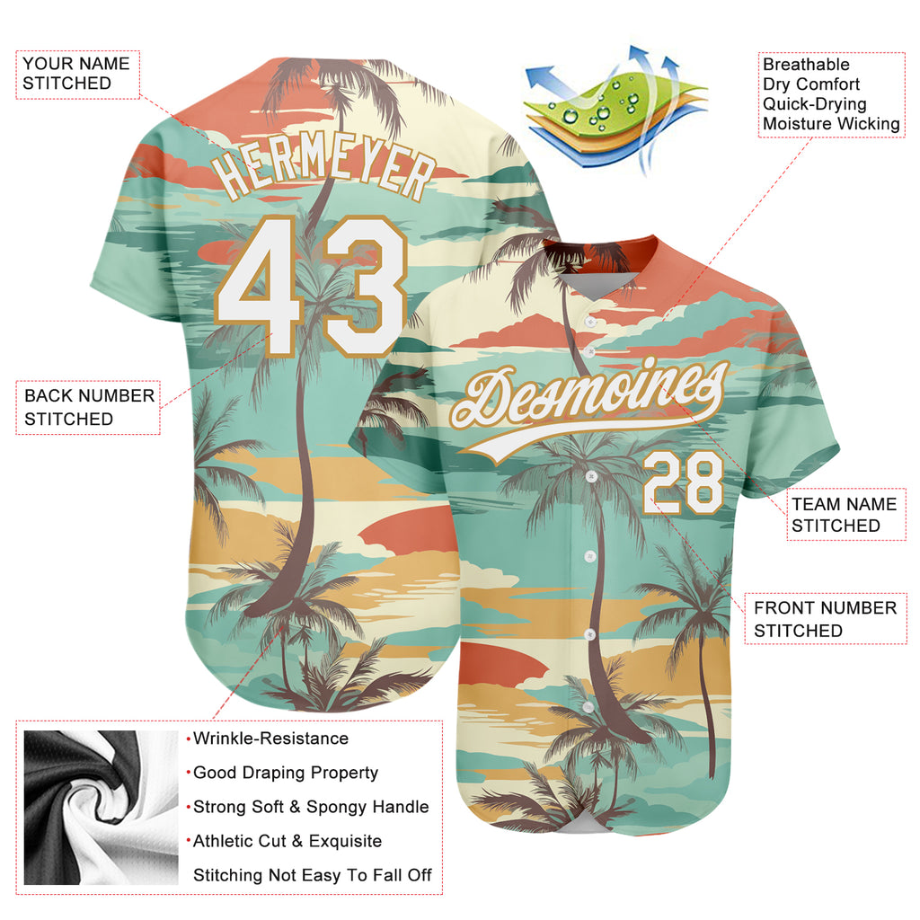 Custom Aqua White-Old Gold 3D Jersey with Cartoon Hawaii Palm Trees Design Authentic Baseball Jersey with Free Shipping4