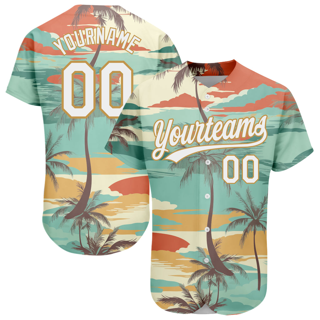 Custom Aqua White-Old Gold 3D Jersey with Cartoon Hawaii Palm Trees Design Authentic Baseball Jersey with Free Shipping2