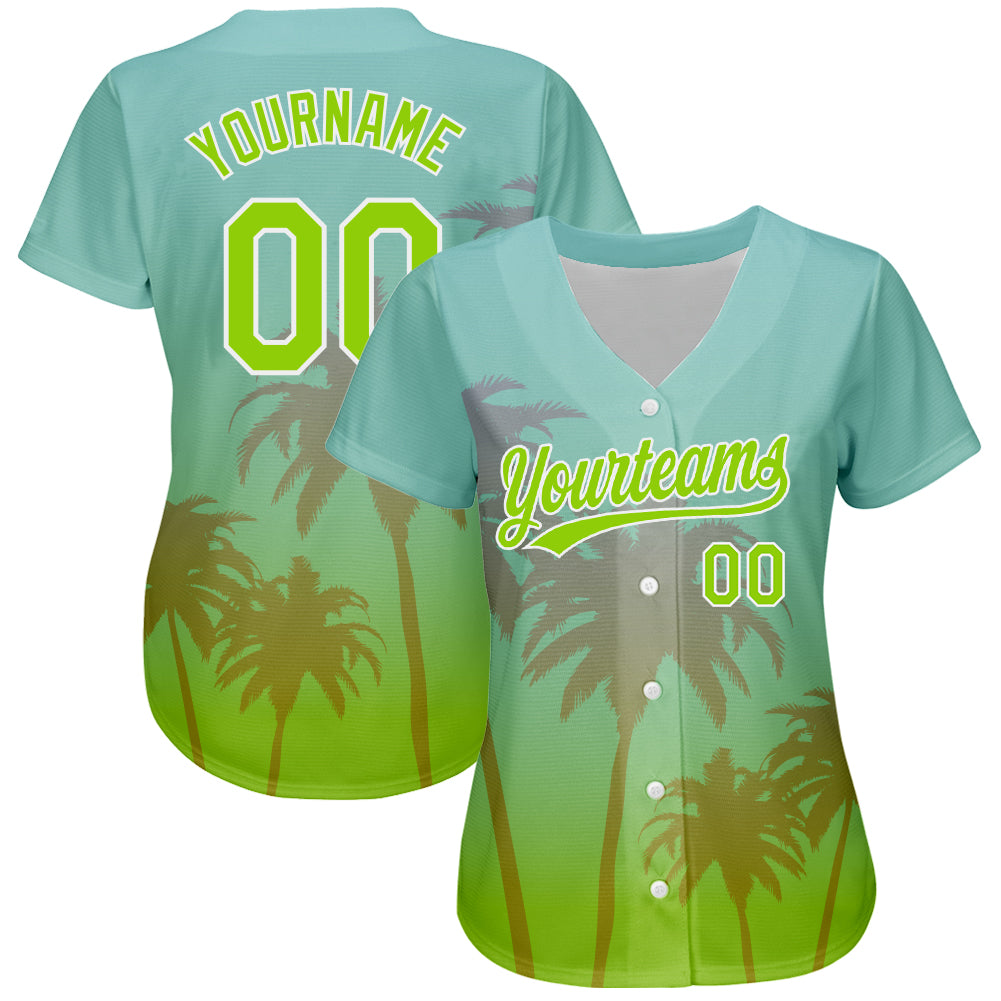 Custom aqua neon green and white 3D pattern design with Hawaii palm trees authentic baseball jersey with free shipping3