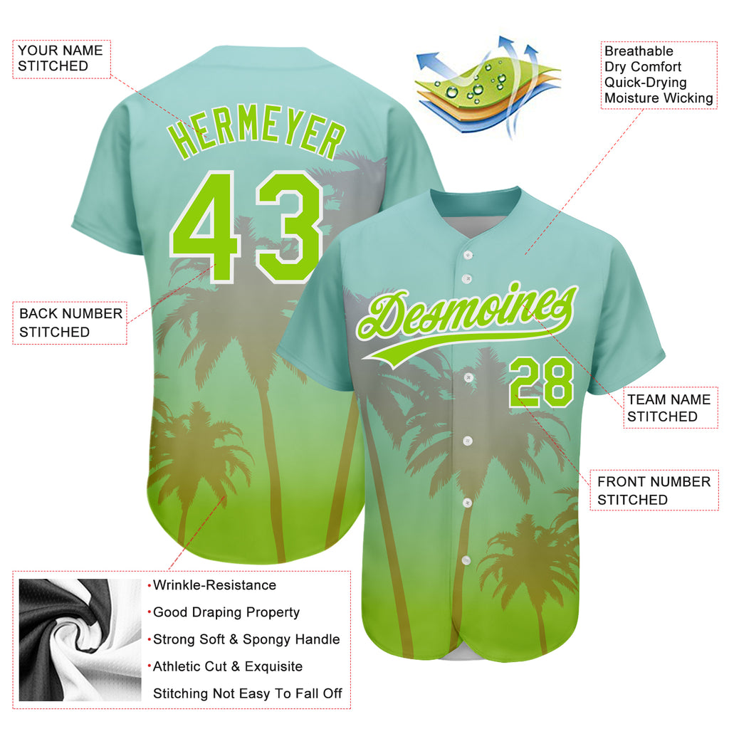 Custom aqua neon green and white 3D pattern design with Hawaii palm trees authentic baseball jersey with free shipping4