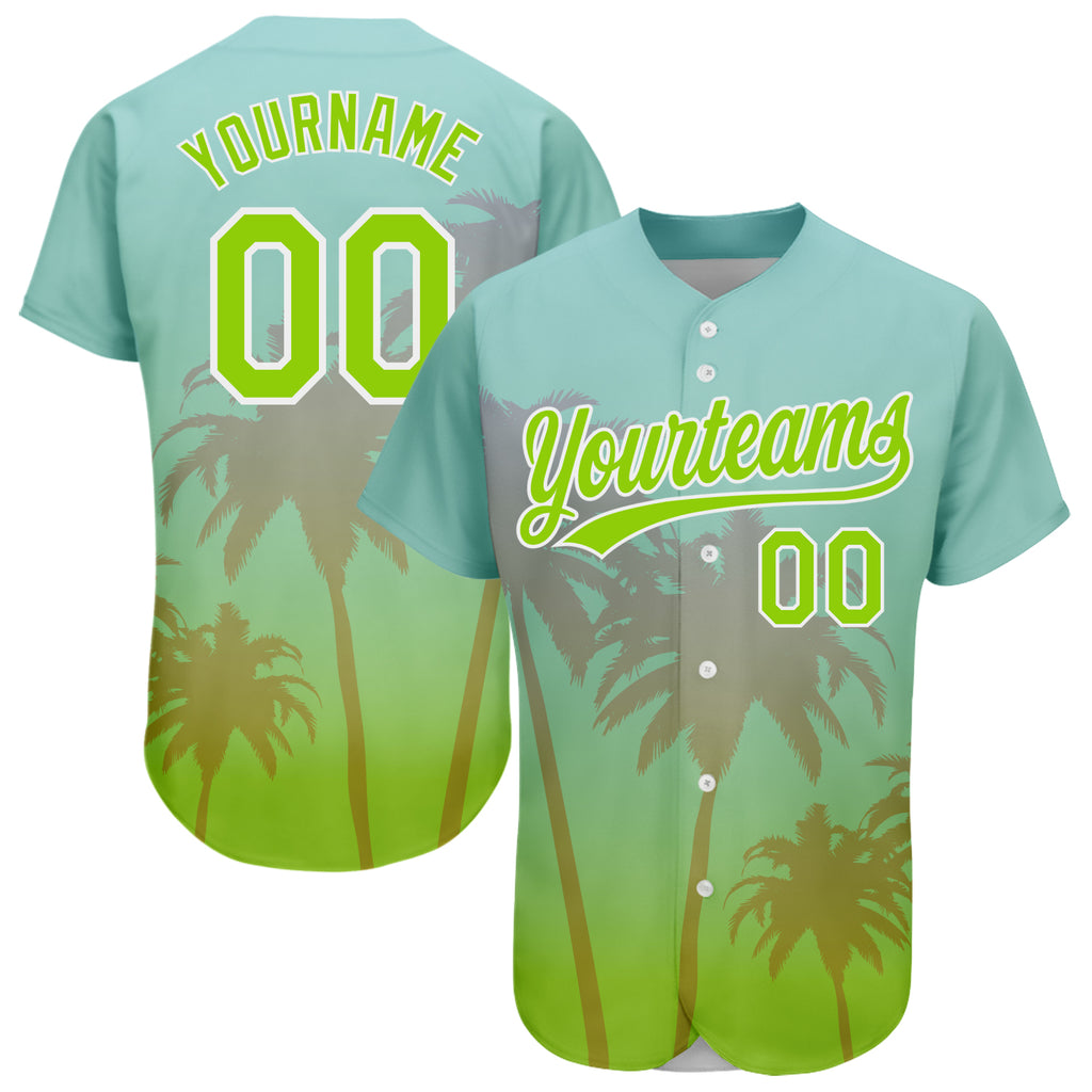 Custom aqua neon green and white 3D pattern design with Hawaii palm trees authentic baseball jersey with free shipping2