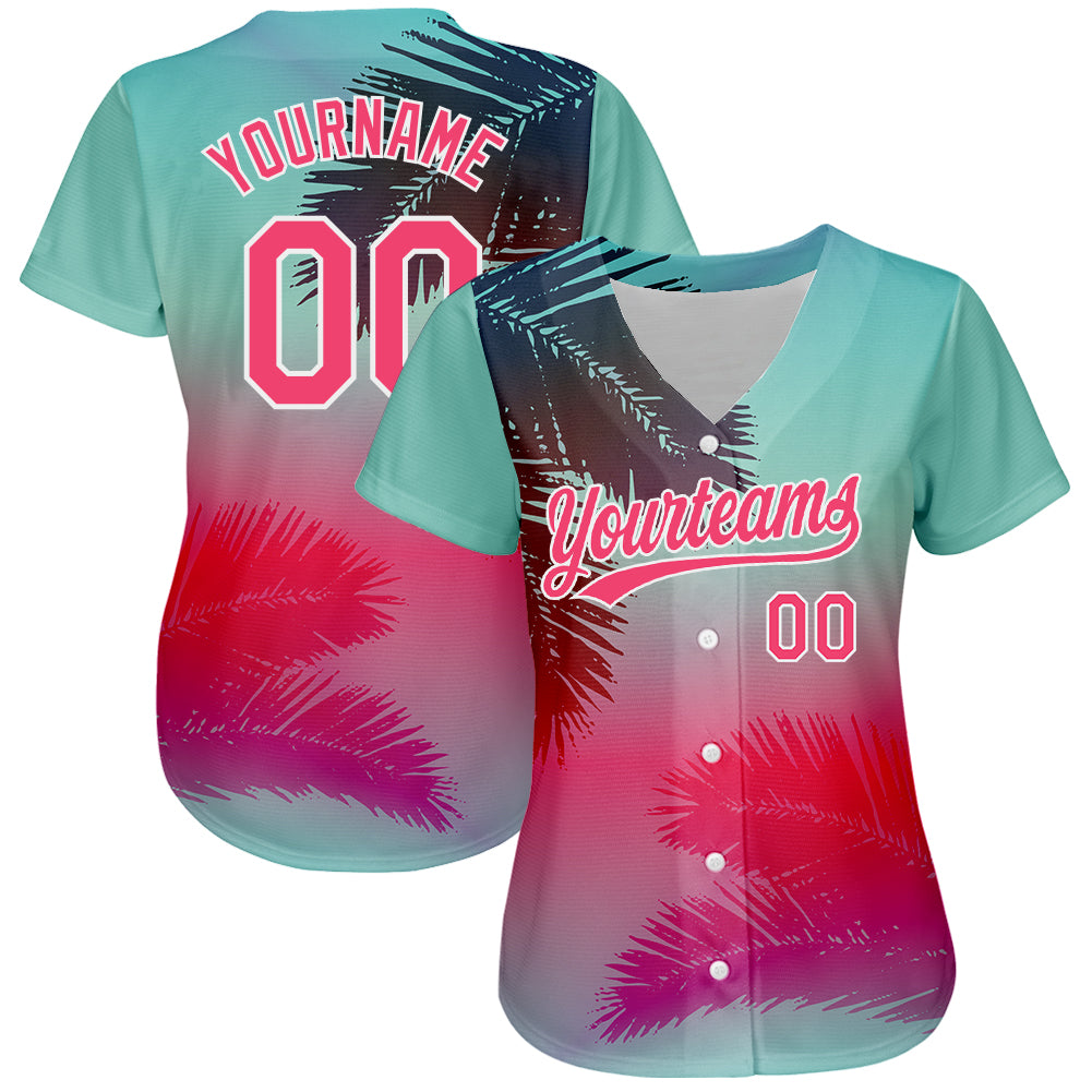 Custom aqua neon pink-white 3D pattern design with Hawaii palm leaves on an authentic baseball jersey with free shipping3