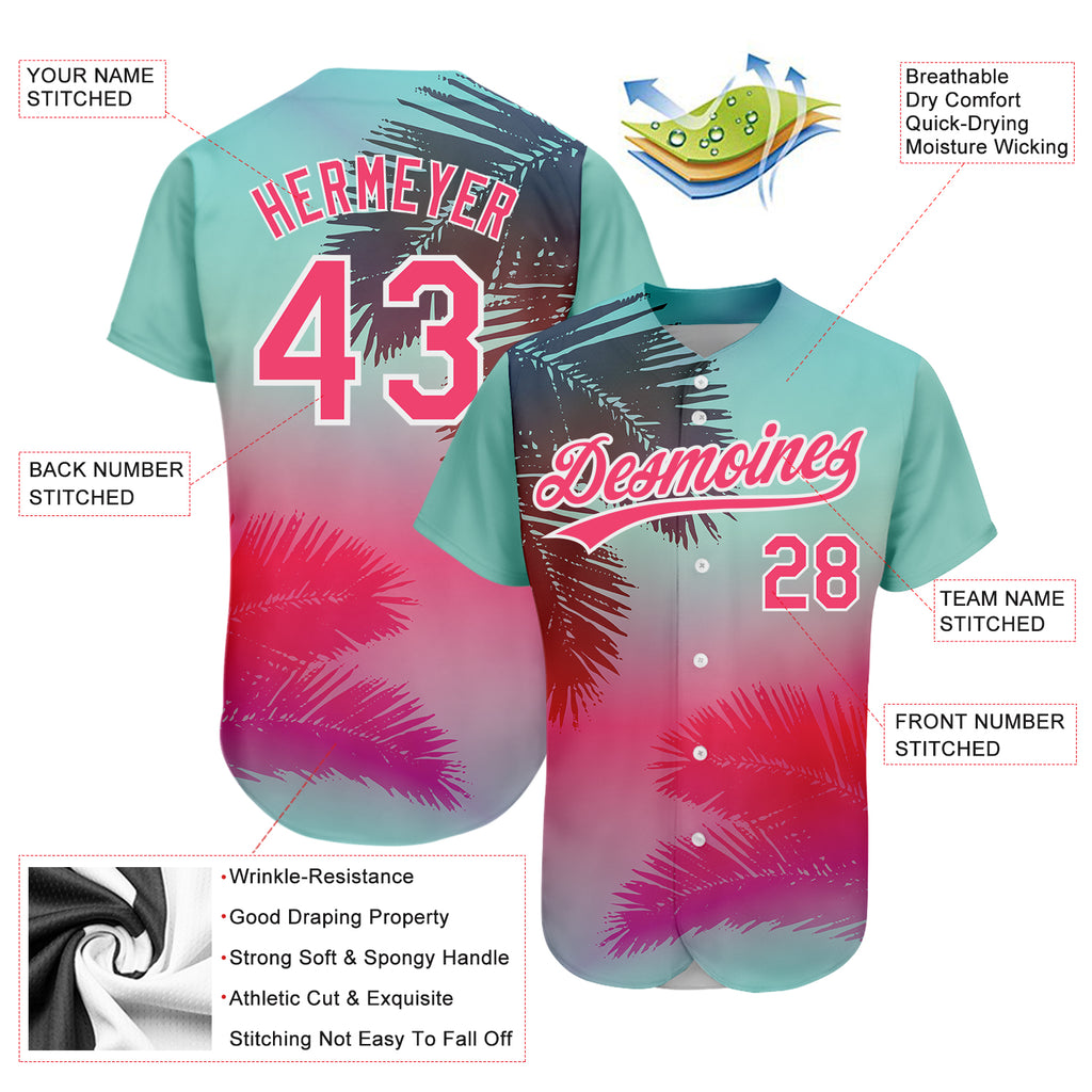Custom aqua neon pink-white 3D pattern design with Hawaii palm leaves on an authentic baseball jersey with free shipping4