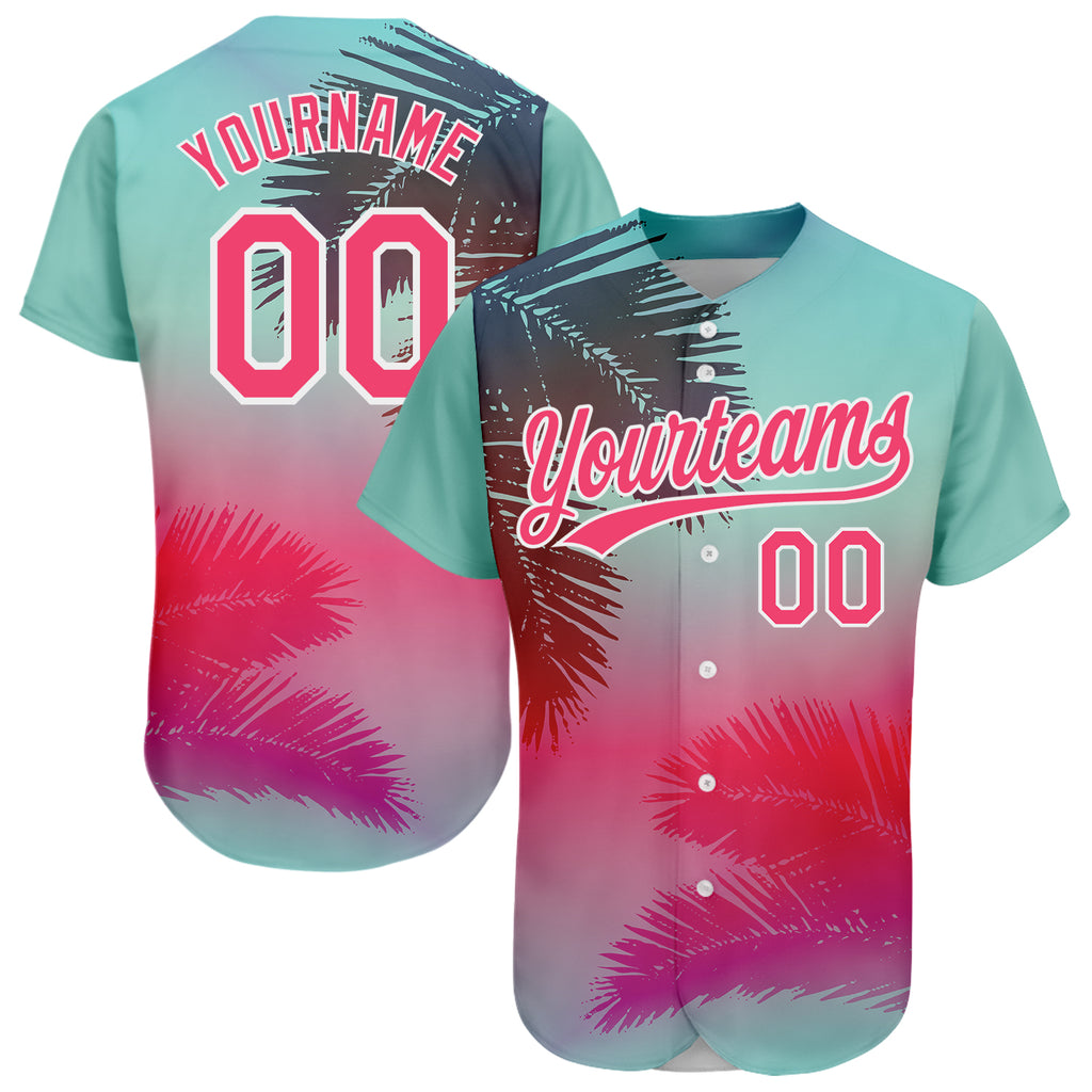 Custom aqua neon pink-white 3D pattern design with Hawaii palm leaves on an authentic baseball jersey with free shipping2