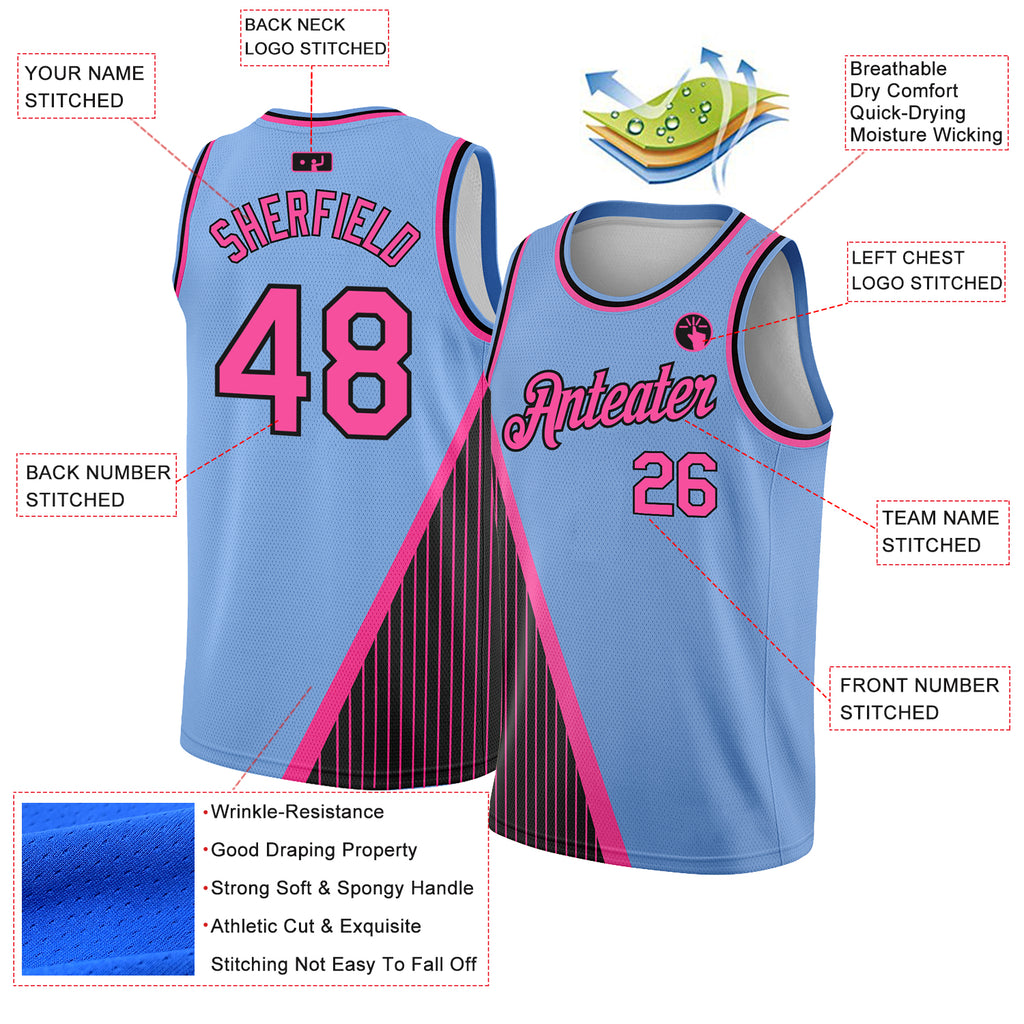 Custom Light Blue Pink-Black Triangle Pinstripes Authentic City Edition Basketball Jersey