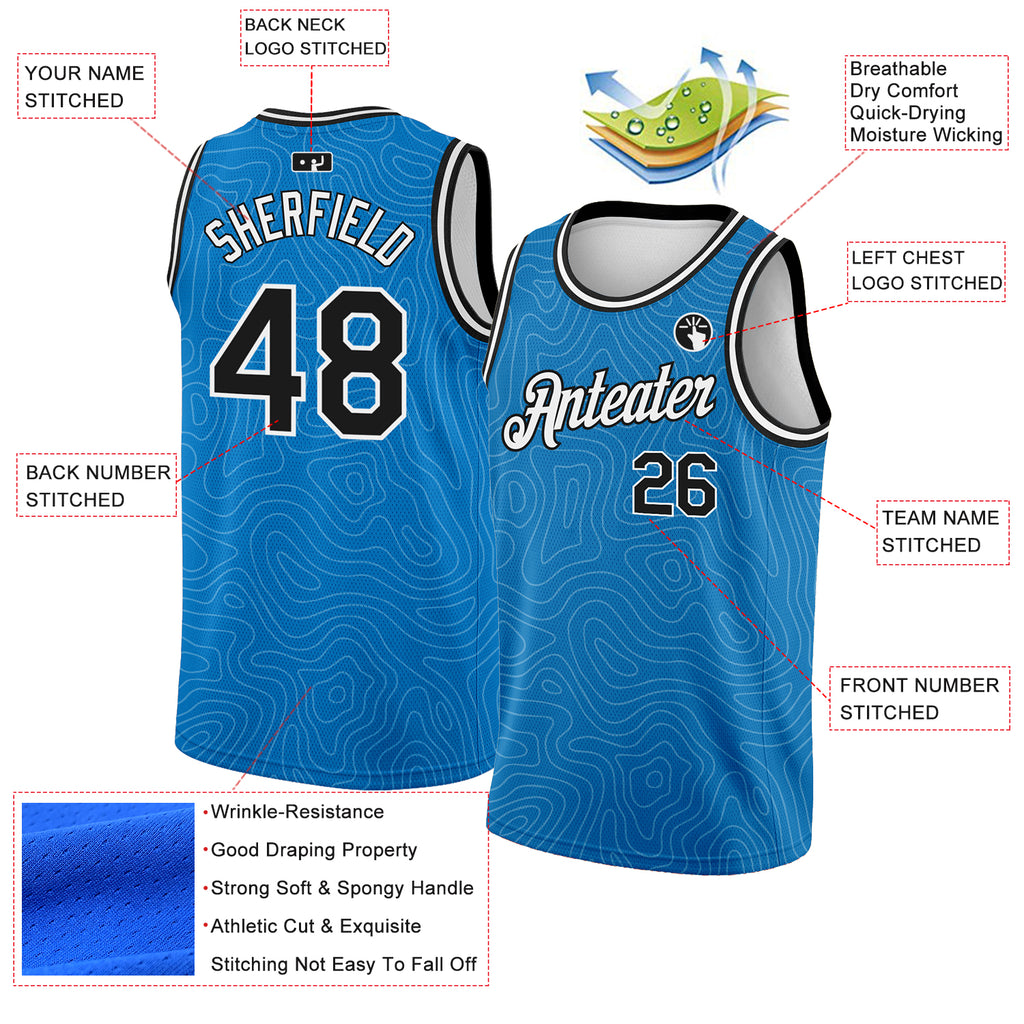 Custom Blue Black-White Rounded Zig Zag Lines Authentic City Edition Basketball Jersey
