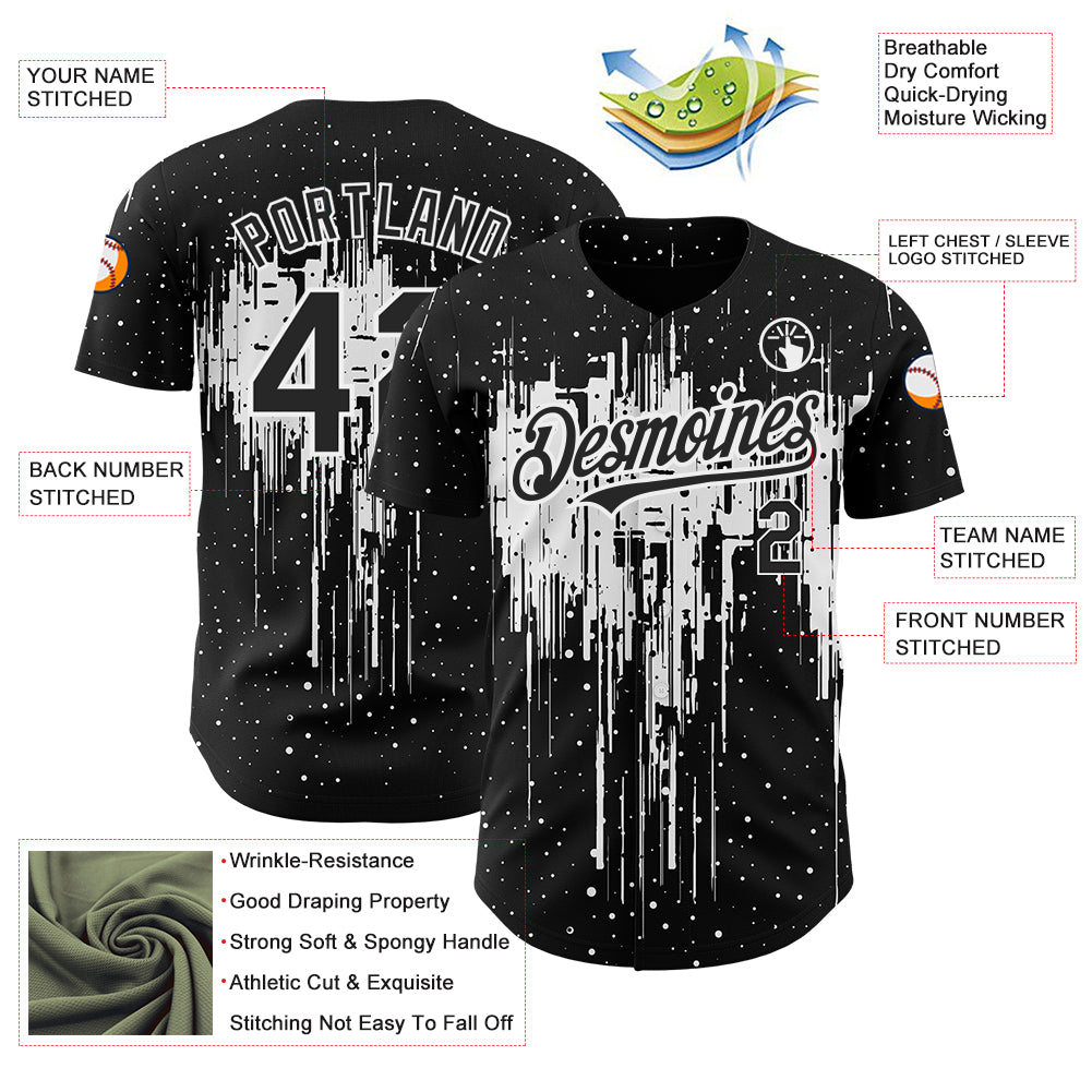 Custom Black White 3D Pattern Design Dripping Splatter Art Authentic Baseball Jersey