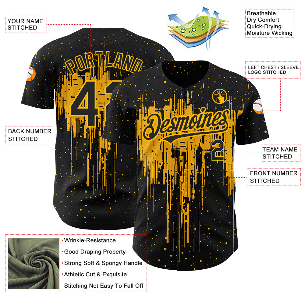 Custom Black Gold 3D Pattern Design Dripping Splatter Art Authentic Baseball Jersey