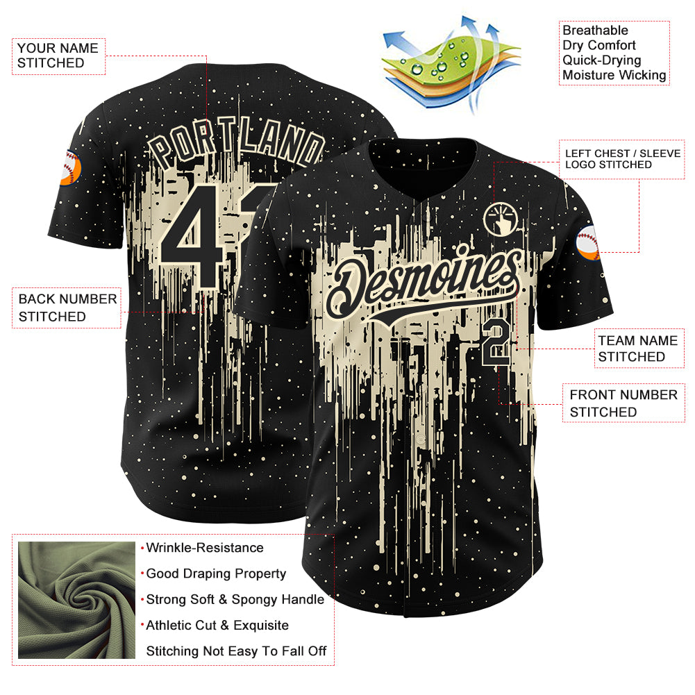 Custom Black Cream 3D Pattern Design Dripping Splatter Art Authentic Baseball Jersey