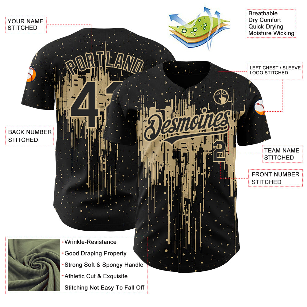 Custom Black Vegas Gold 3D Pattern Design Dripping Splatter Art Authentic Baseball Jersey
