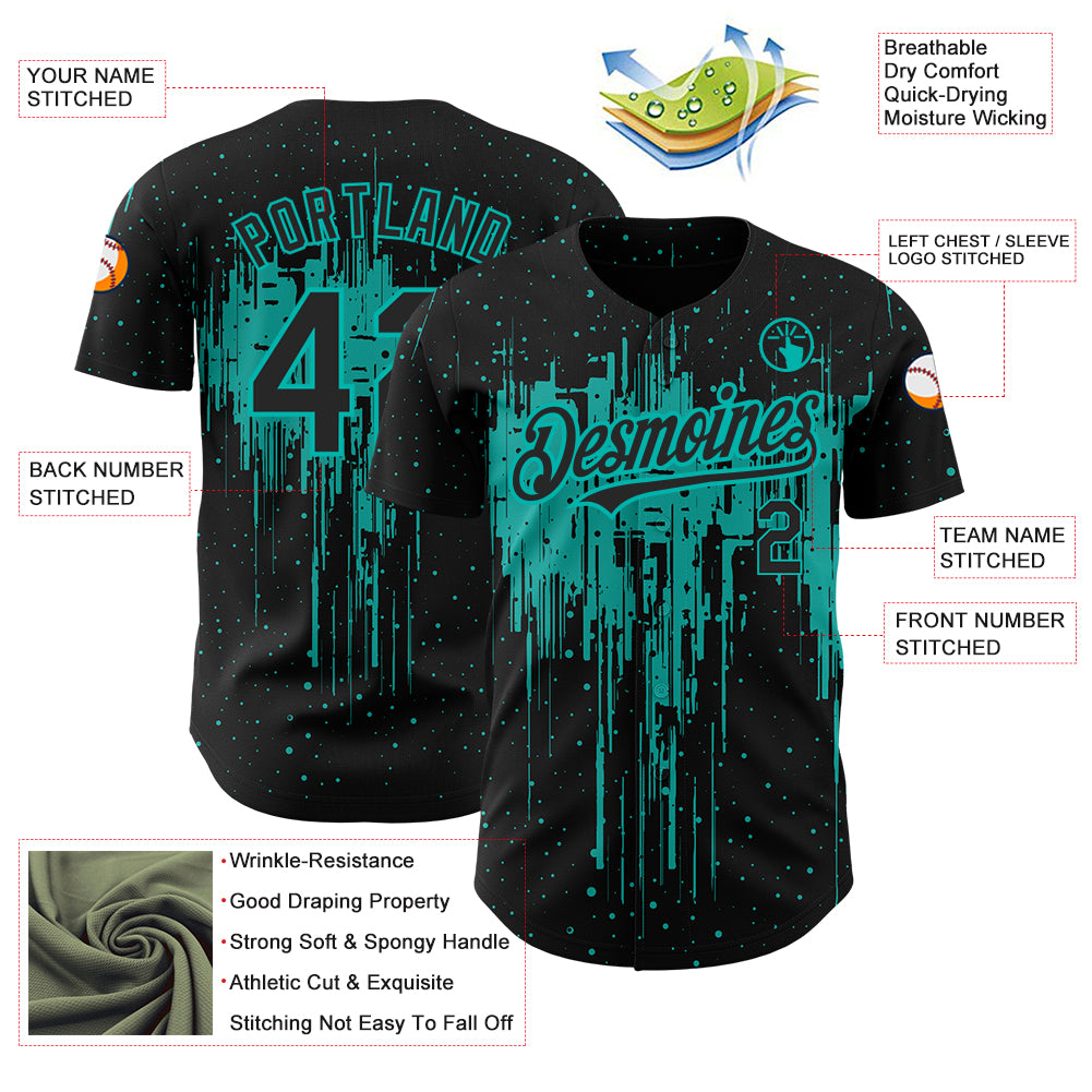 Custom Black Aqua 3D Pattern Design Dripping Splatter Art Authentic Baseball Jersey
