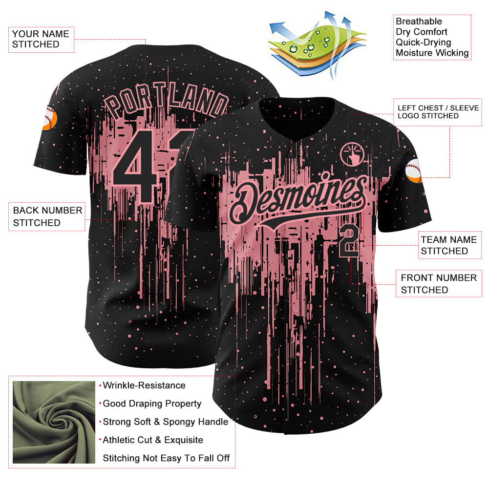 Custom Black Medium Pink 3D Pattern Design Dripping Splatter Art Authentic Baseball Jersey