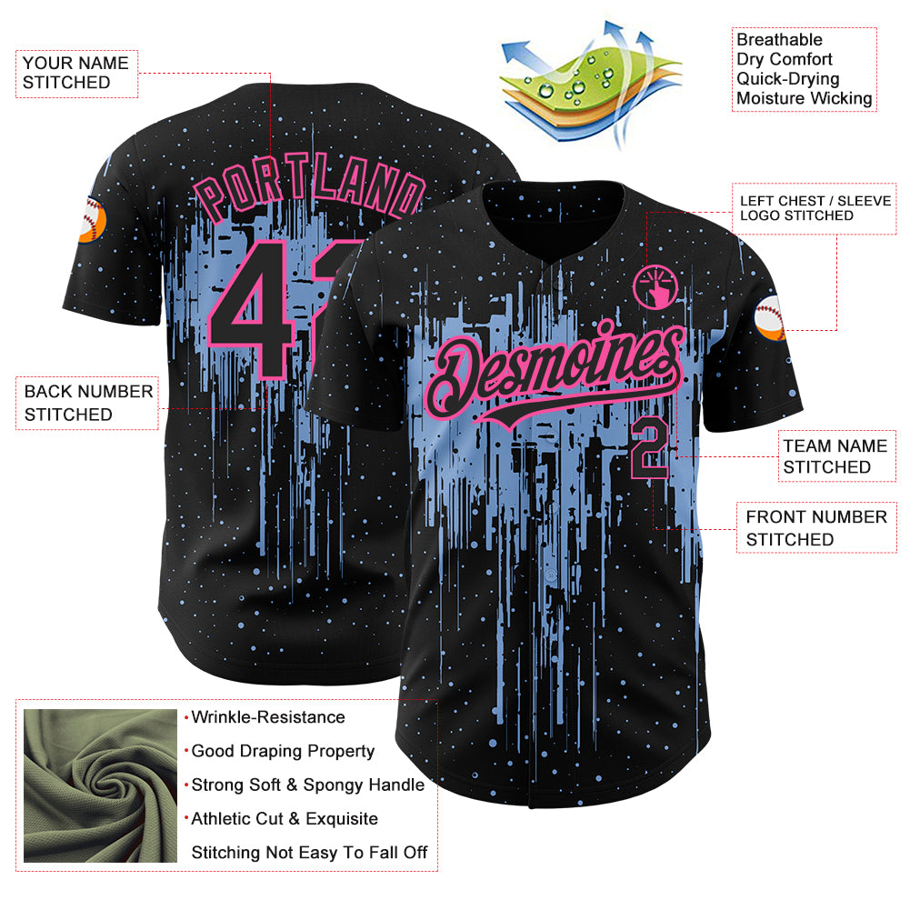 Custom Black Light Blue-Pink 3D Pattern Design Dripping Splatter Art Authentic Baseball Jersey
