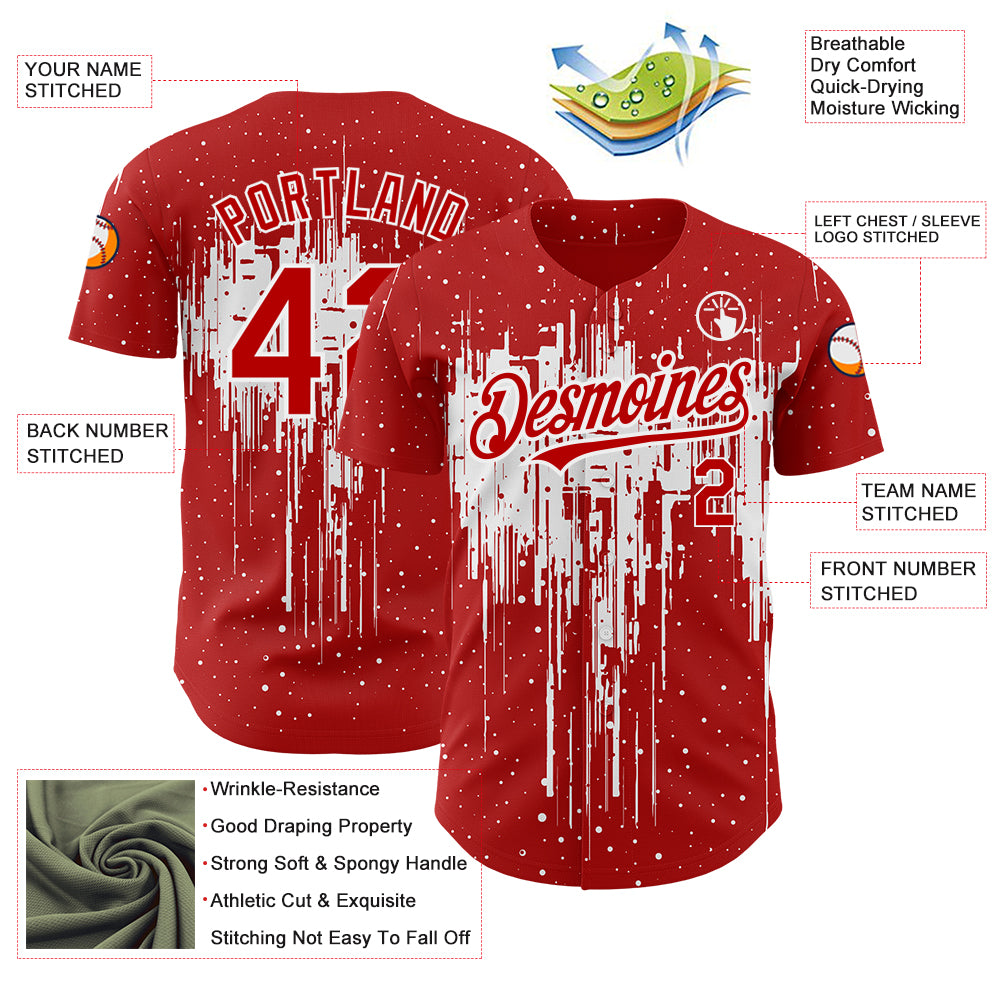 Custom Red White 3D Pattern Design Dripping Splatter Art Authentic Baseball Jersey