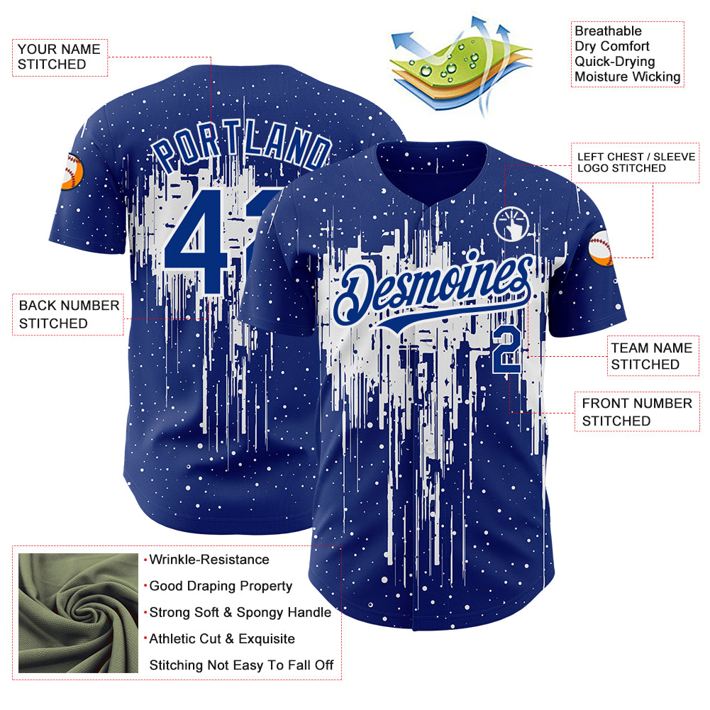 Custom Royal White 3D Pattern Design Dripping Splatter Art Authentic Baseball Jersey