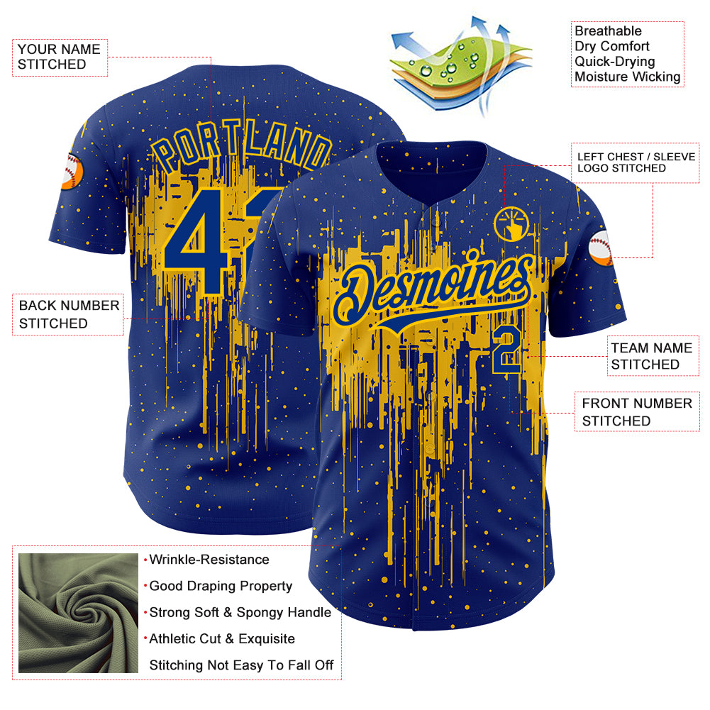 Custom Royal Yellow 3D Pattern Design Dripping Splatter Art Authentic Baseball Jersey