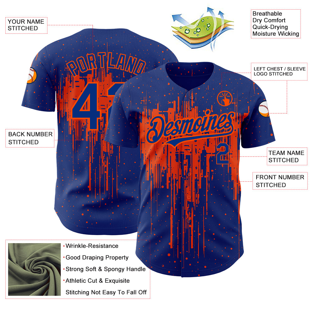 Custom Royal Orange 3D Pattern Design Dripping Splatter Art Authentic Baseball Jersey