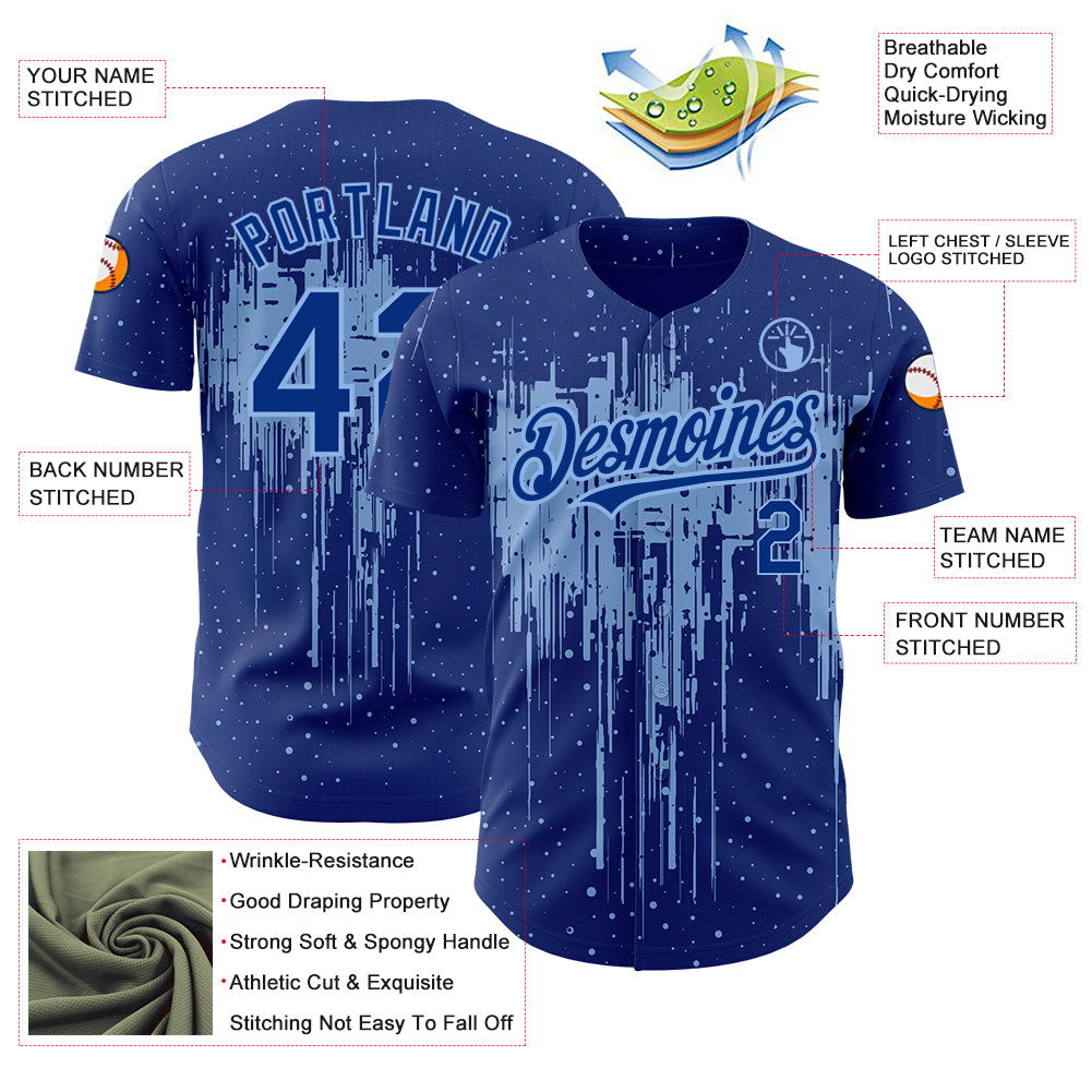 Custom Royal Light Blue 3D Pattern Design Dripping Splatter Art Authentic Baseball Jersey
