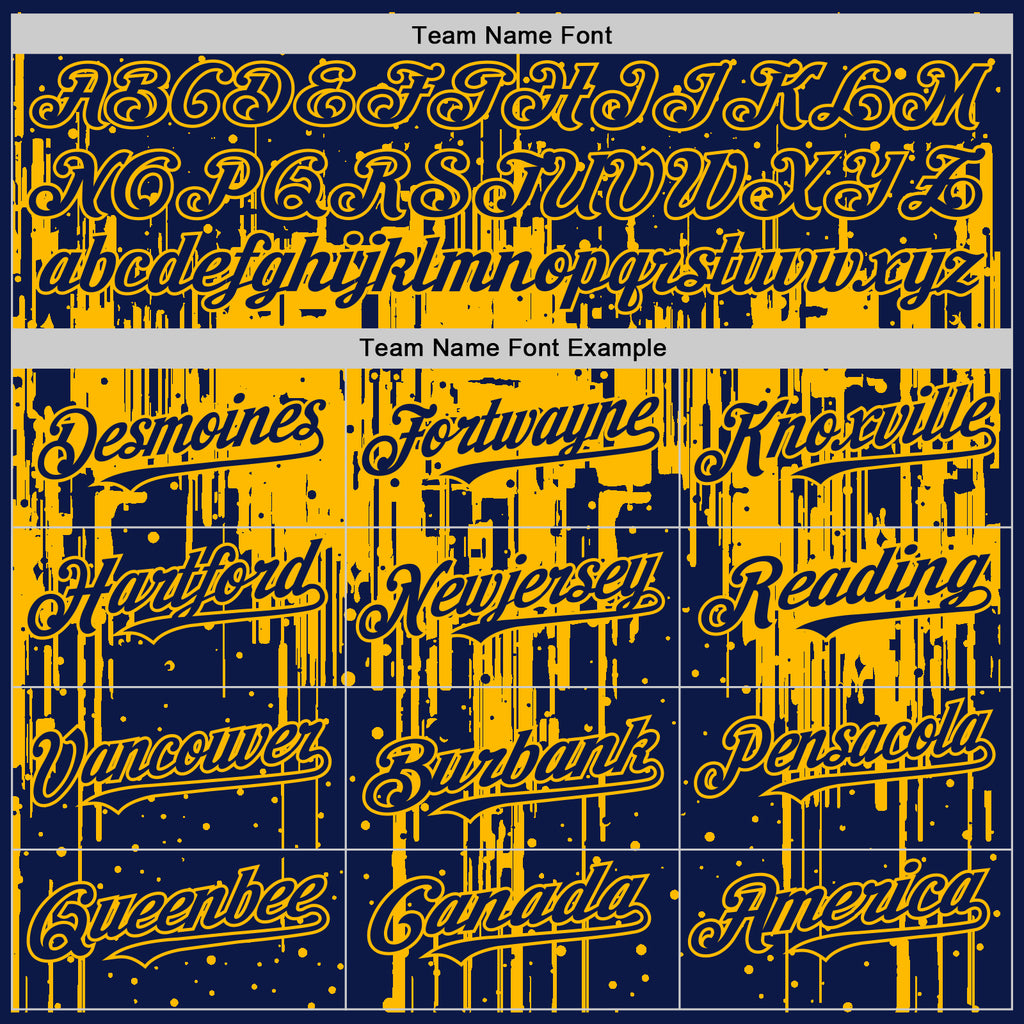 Custom Navy Gold 3D Pattern Design Dripping Splatter Art Authentic Baseball Jersey