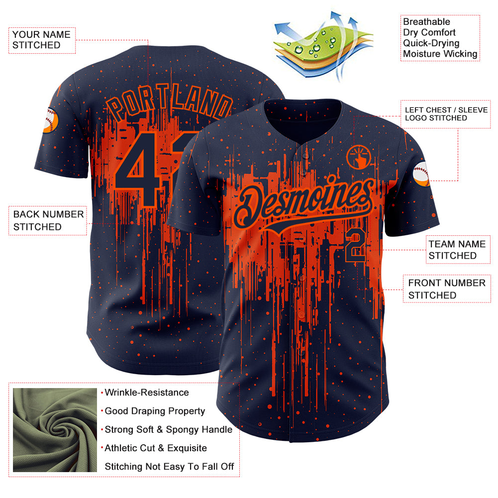 Custom Navy Orange 3D Pattern Design Dripping Splatter Art Authentic Baseball Jersey