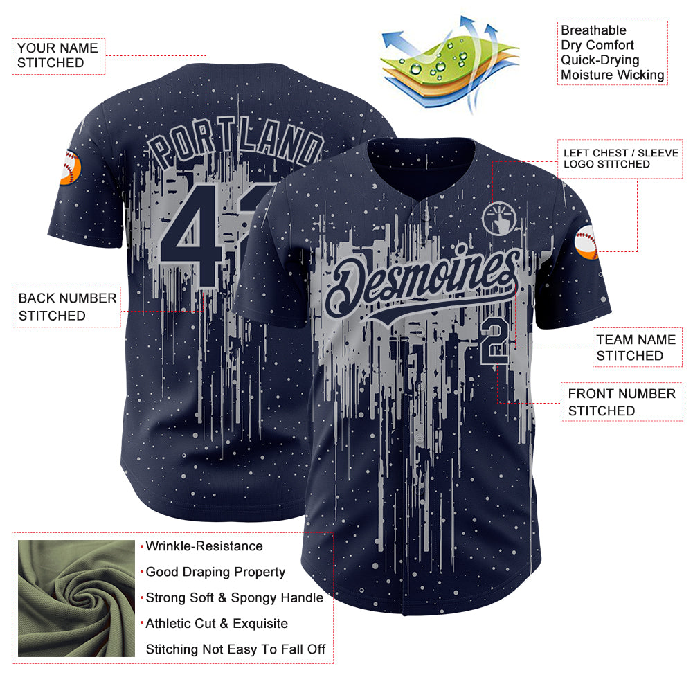 Custom Navy Gray 3D Pattern Design Dripping Splatter Art Authentic Baseball Jersey