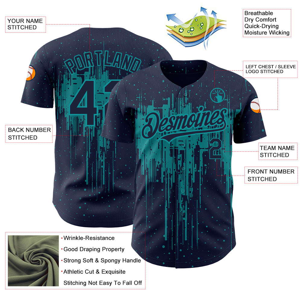 Custom Navy Teal 3D Pattern Design Dripping Splatter Art Authentic Baseball Jersey