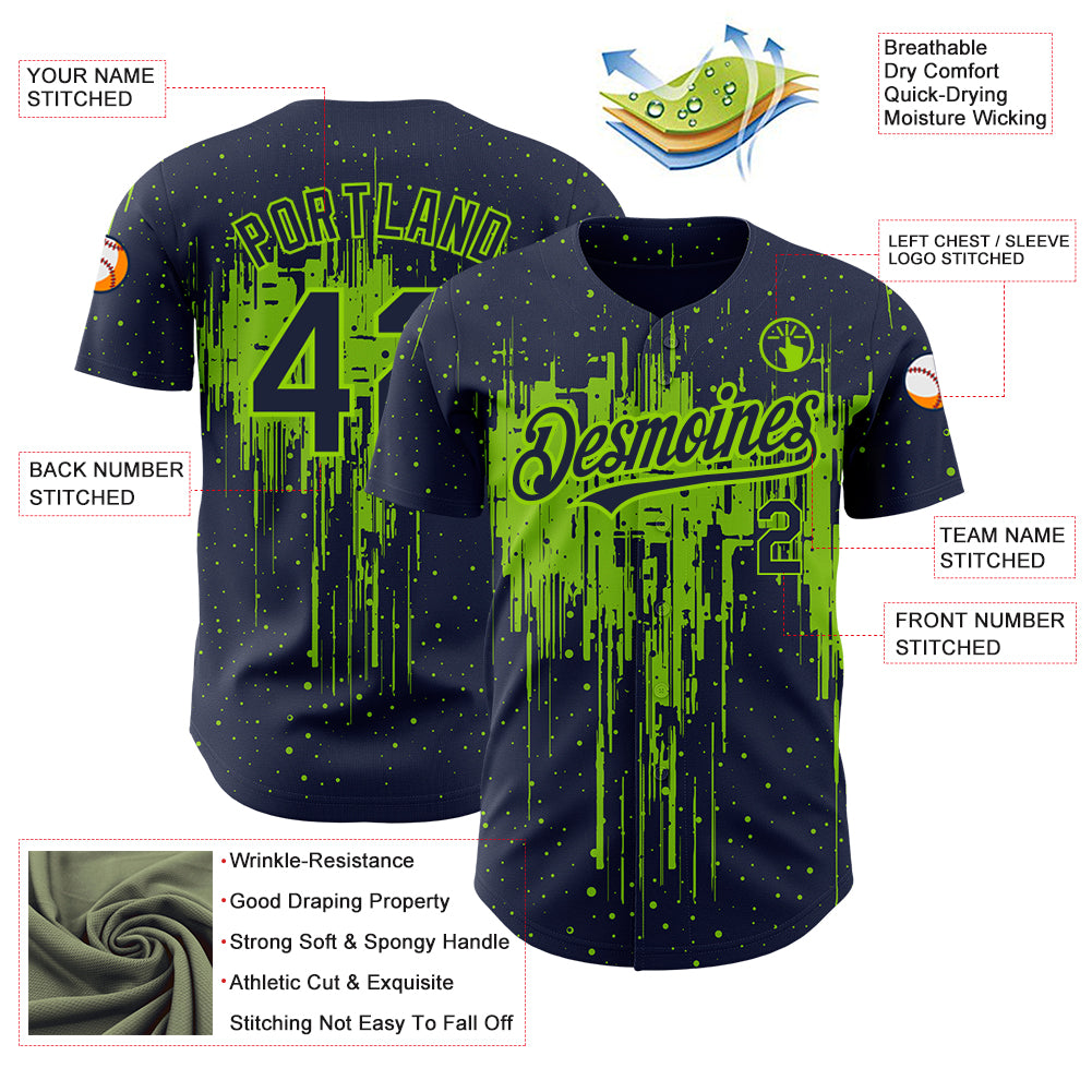 Custom Navy Neon Green 3D Pattern Design Dripping Splatter Art Authentic Baseball Jersey