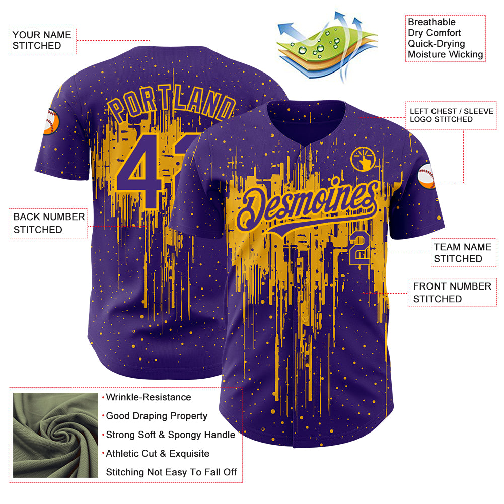 Custom Purple Gold 3D Pattern Design Dripping Splatter Art Authentic Baseball Jersey