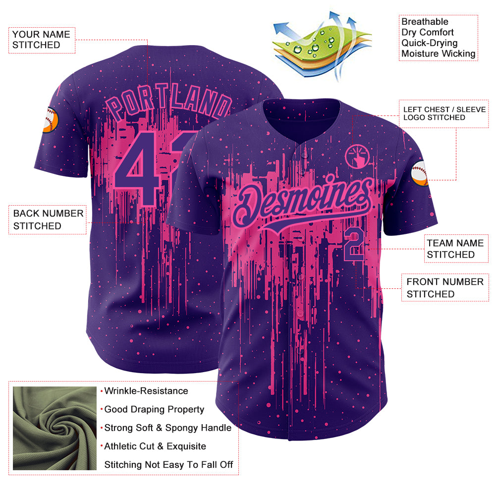 Custom Purple Pink 3D Pattern Design Dripping Splatter Art Authentic Baseball Jersey