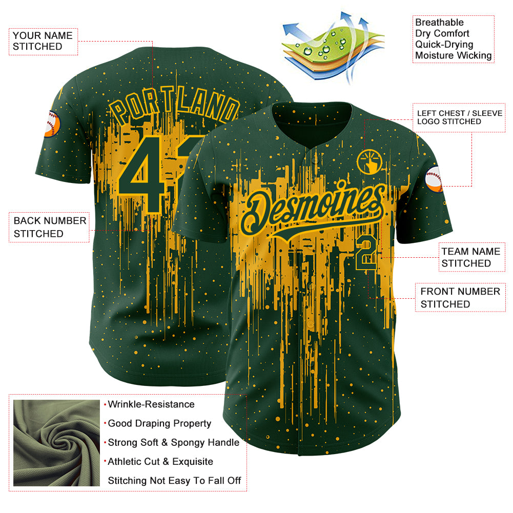 Custom Green Gold 3D Pattern Design Dripping Splatter Art Authentic Baseball Jersey