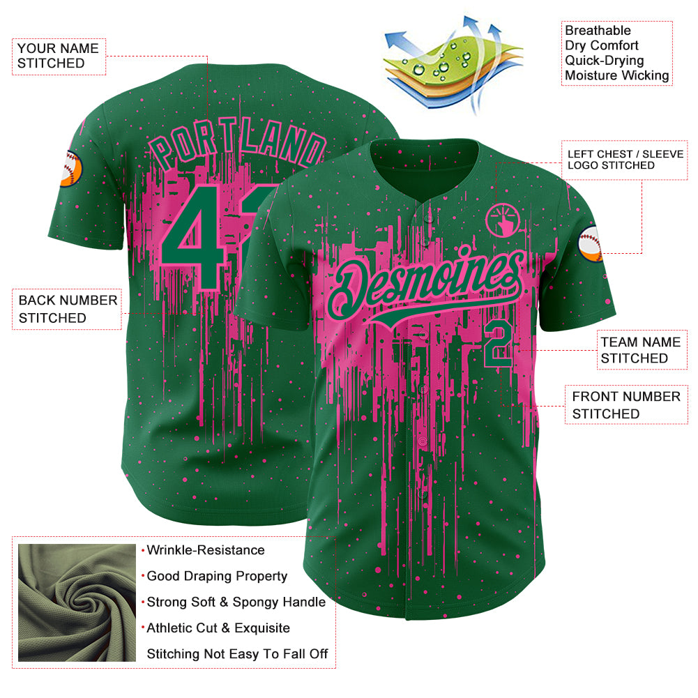 Custom Kelly Green Pink 3D Pattern Design Dripping Splatter Art Authentic Baseball Jersey