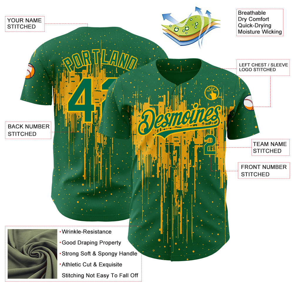 Custom Kelly Green Gold 3D Pattern Design Dripping Splatter Art Authentic Baseball Jersey