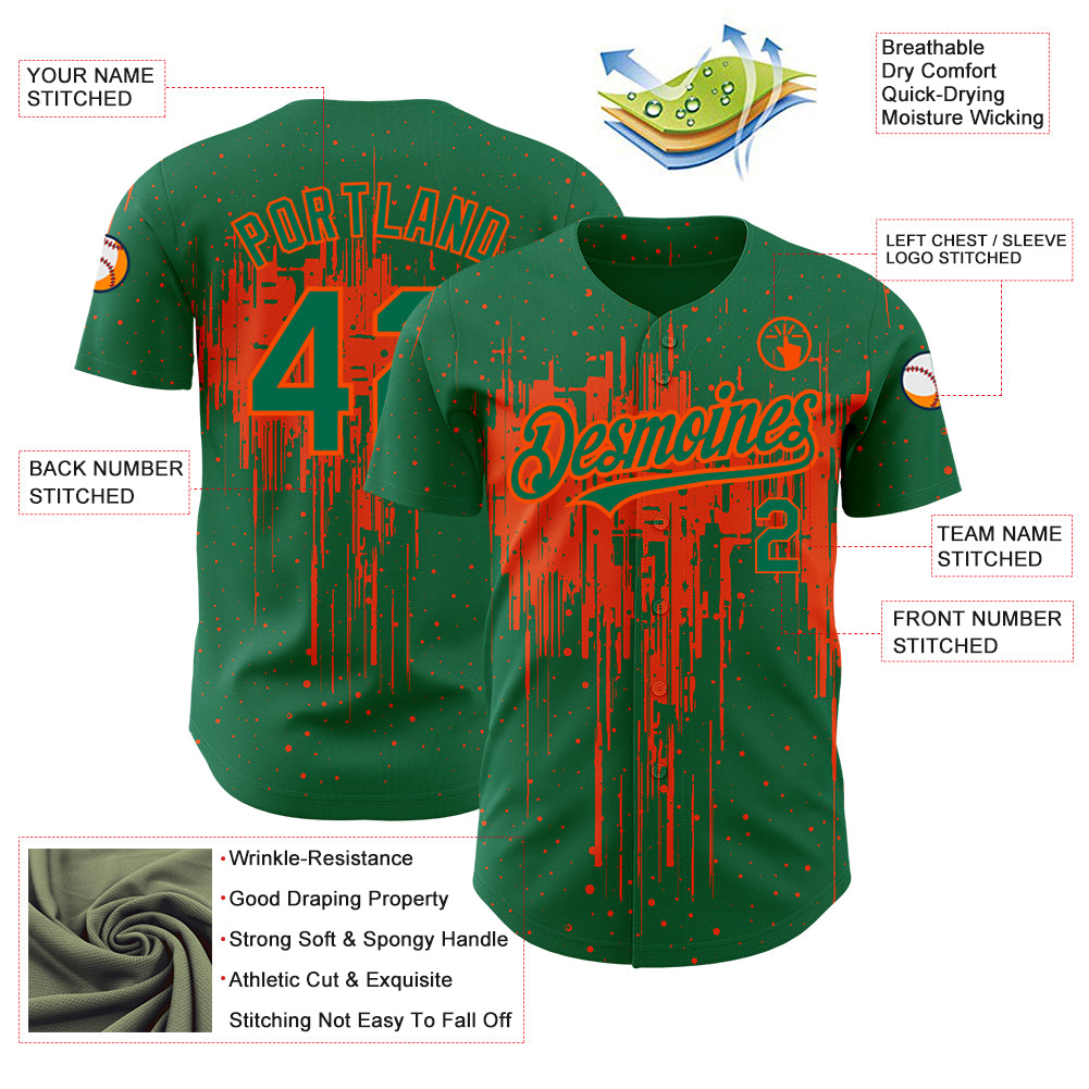 Custom Kelly Green Orange 3D Pattern Design Dripping Splatter Art Authentic Baseball Jersey