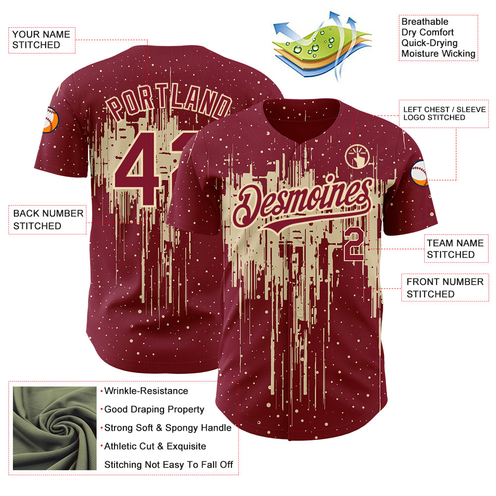 Custom Crimson City Cream 3D Pattern Design Dripping Splatter Art Authentic Baseball Jersey