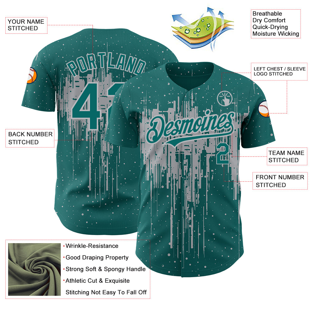 Custom Teal Gray 3D Pattern Design Dripping Splatter Art Authentic Baseball Jersey