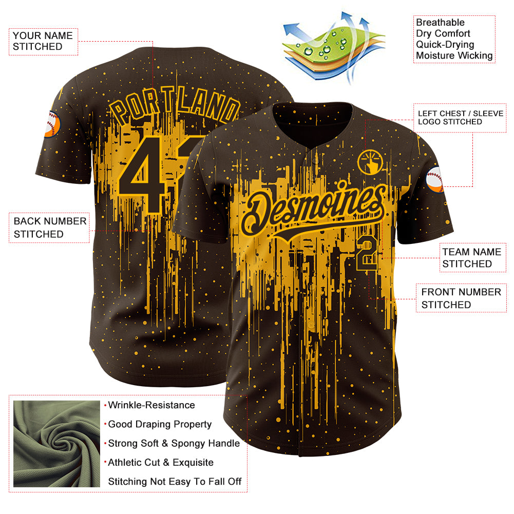 Custom Brown Gold 3D Pattern Design Dripping Splatter Art Authentic Baseball Jersey