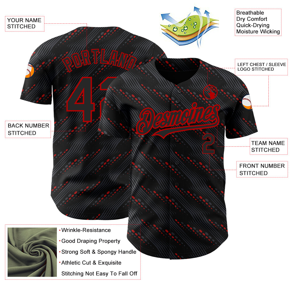Custom Black Red 3D Pattern Design Slant Lines Authentic Baseball Jersey