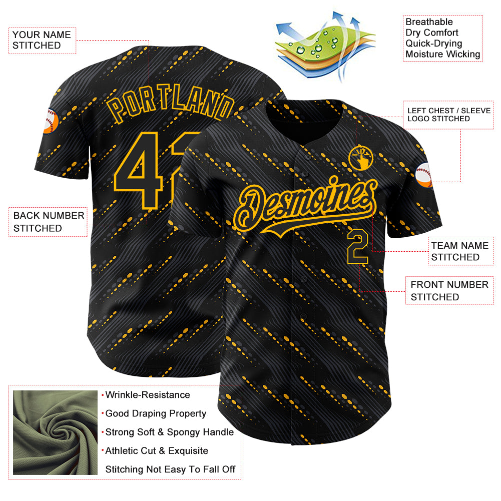 Custom Black Gold 3D Pattern Design Slant Lines Authentic Baseball Jersey