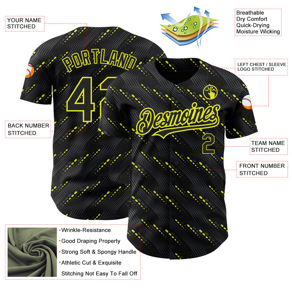 Custom Black Neon Yellow 3D Pattern Design Slant Lines Authentic Baseball Jersey