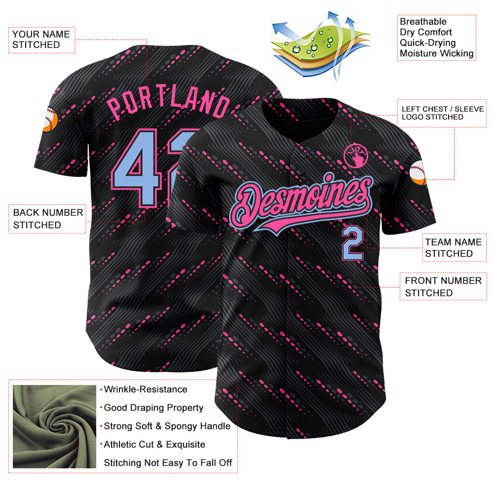 Custom Black Light Blue-Pink 3D Pattern Design Slant Lines Authentic Baseball Jersey