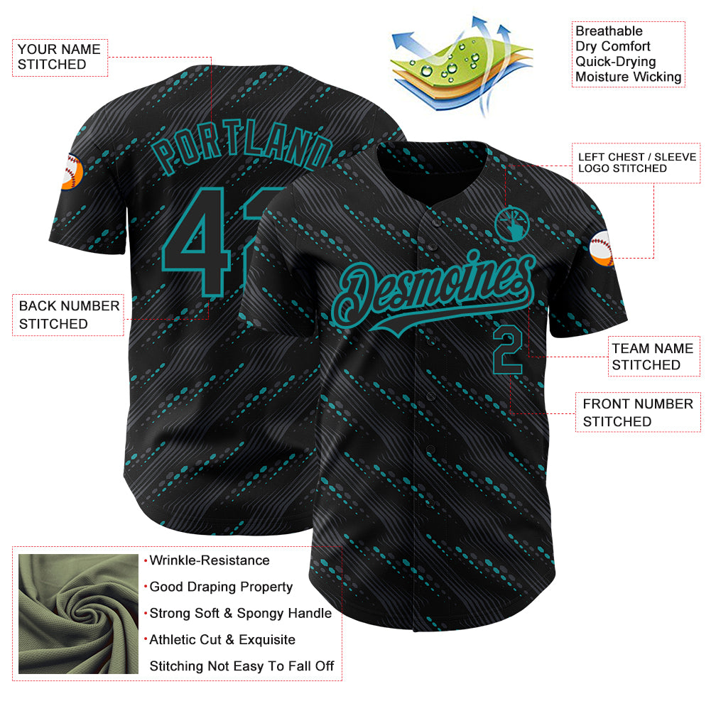 Custom Black Teal 3D Pattern Design Slant Lines Authentic Baseball Jersey