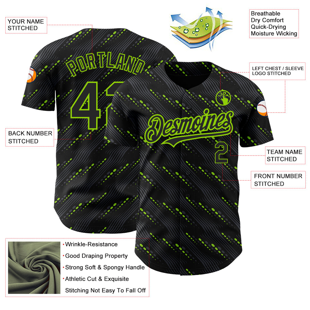 Custom Black Neon Green 3D Pattern Design Slant Lines Authentic Baseball Jersey