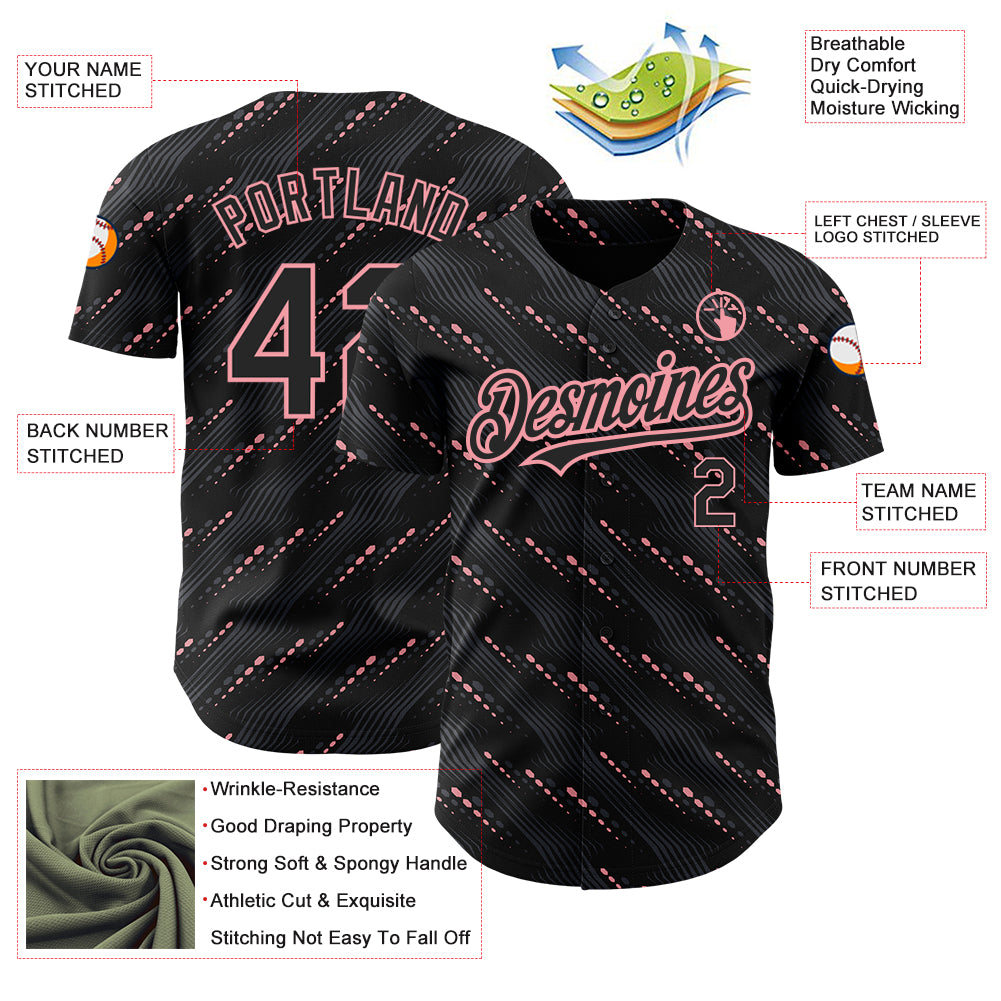 Custom Black Medium Pink 3D Pattern Design Slant Lines Authentic Baseball Jersey