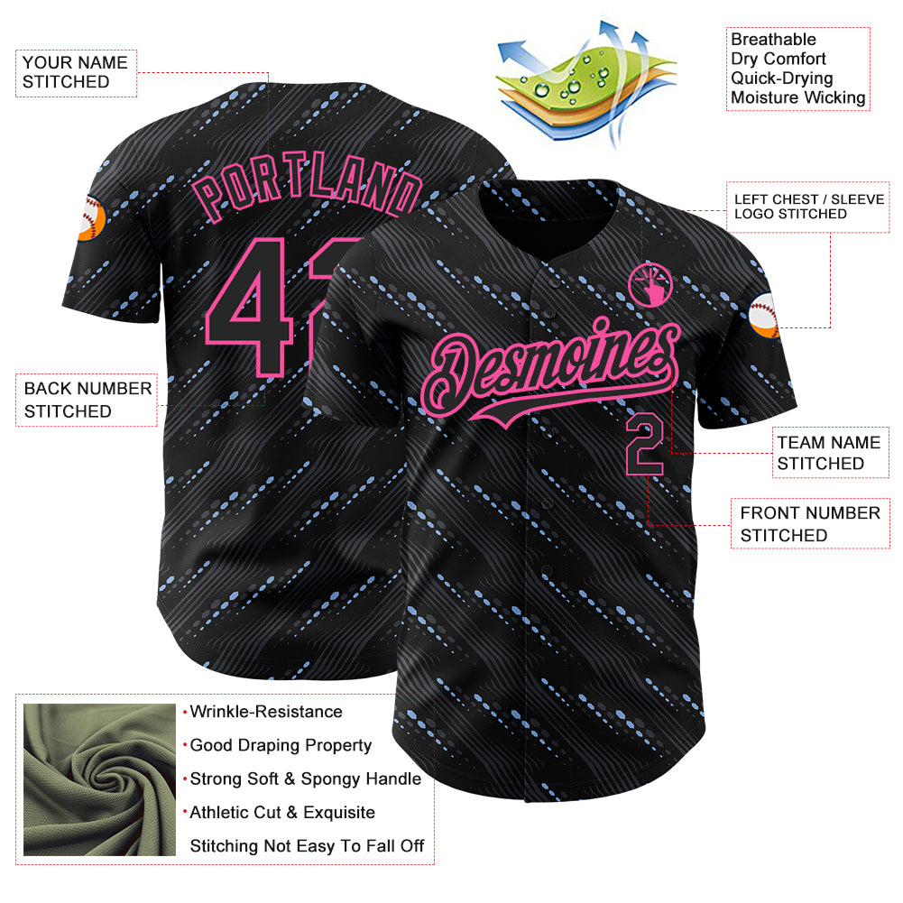 Custom Black Pink 3D Pattern Design Slant Lines Authentic Baseball Jersey