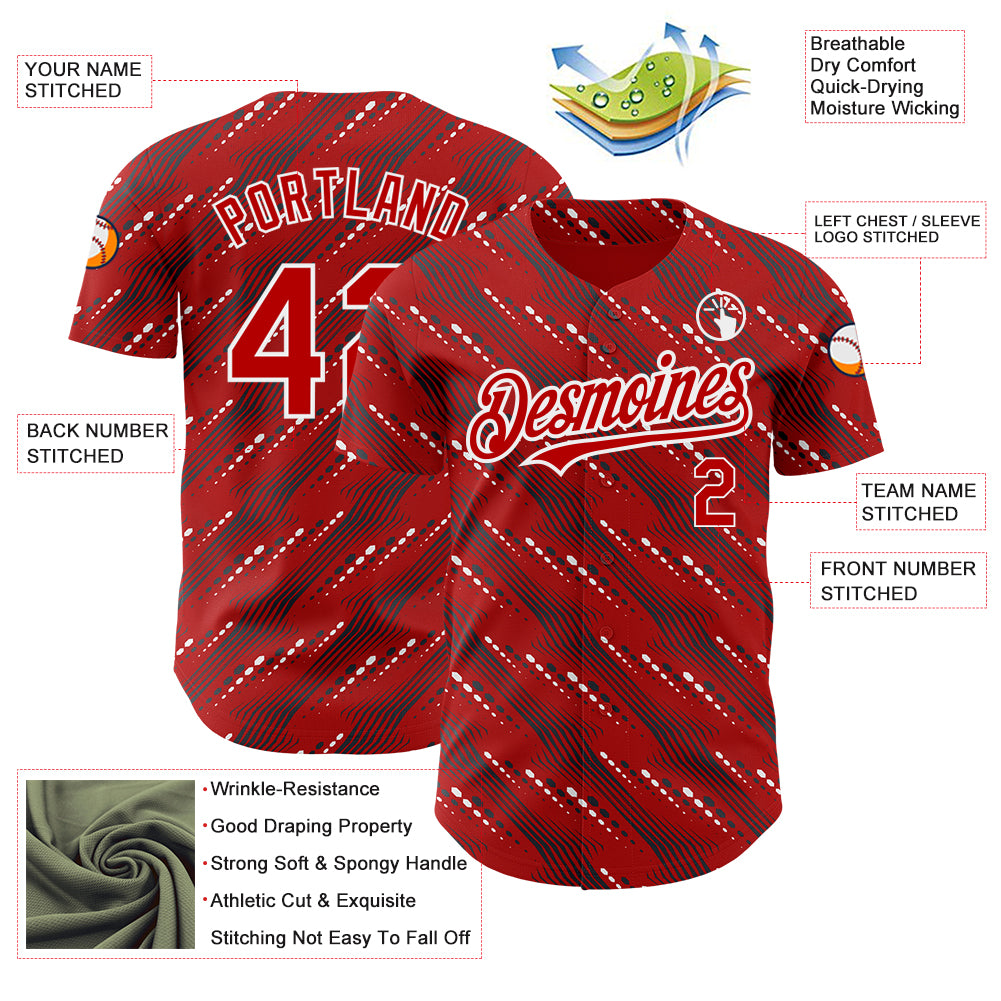 Custom Red White 3D Pattern Design Slant Lines Authentic Baseball Jersey