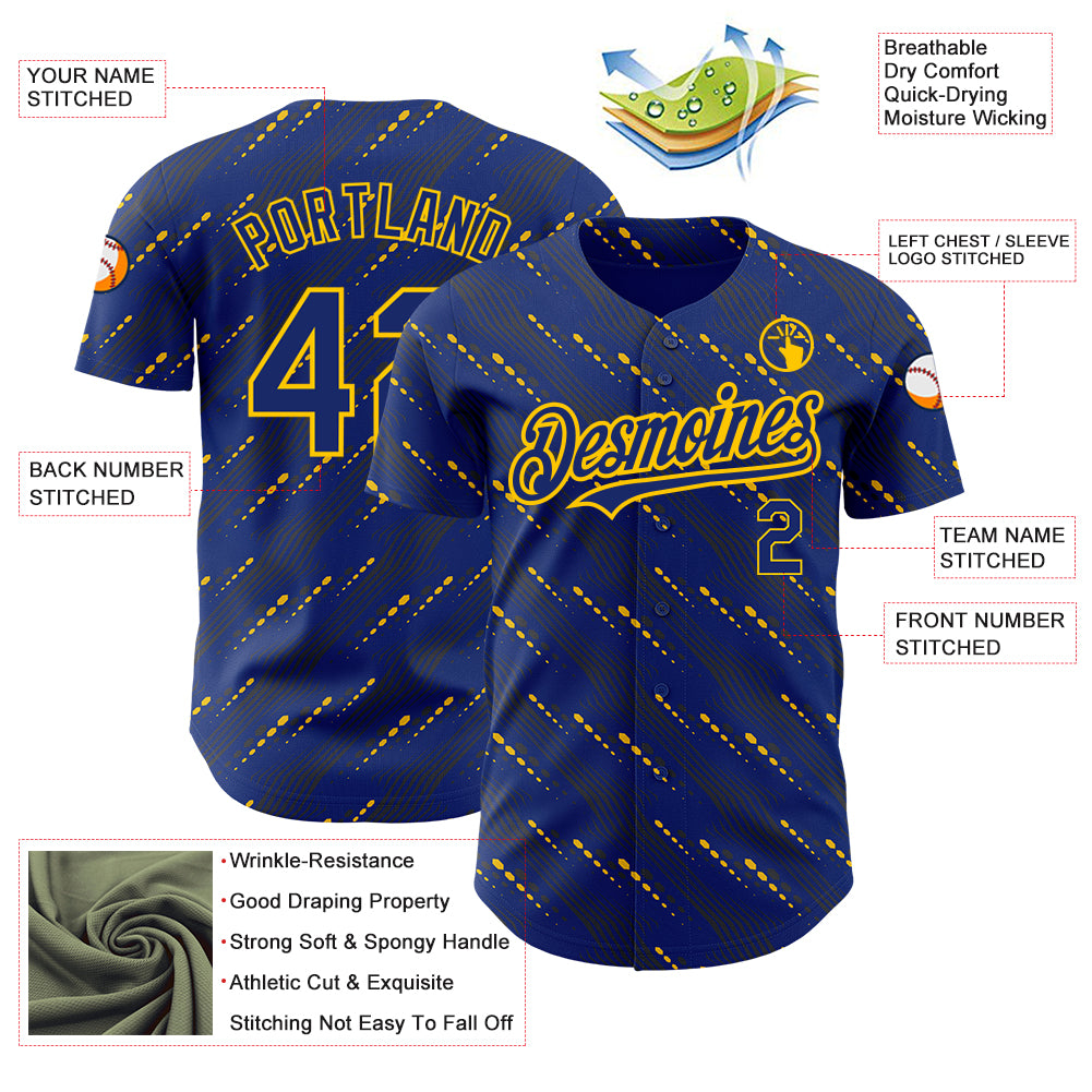 Custom Royal Yellow 3D Pattern Design Slant Lines Authentic Baseball Jersey