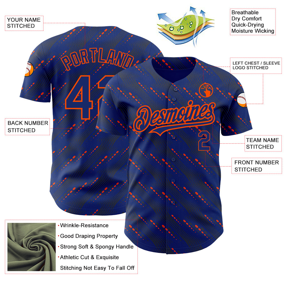 Custom Royal Orange 3D Pattern Design Slant Lines Authentic Baseball Jersey
