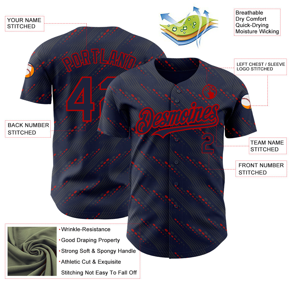 Custom Navy Red 3D Pattern Design Slant Lines Authentic Baseball Jersey